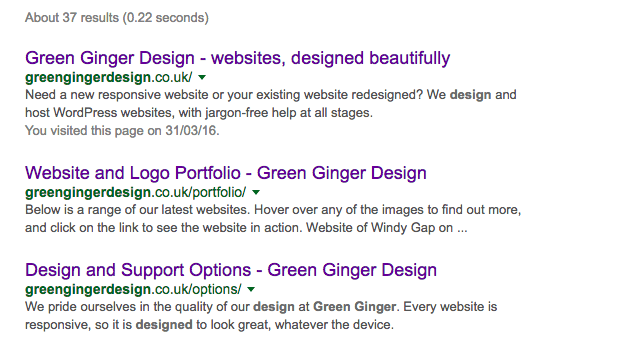 Screenshot of metadata for Green Ginger Design website within CMS