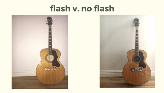 Photo of guitar with and without flash for website photos blog