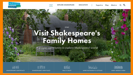 Screenshot of Shakespeare's Birthplace website for blog on Favourite Websites